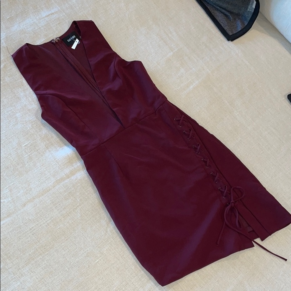 Extra low V cut maroon dress